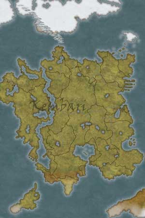 Carte du continent de Kambari, dans l’univers médiéval-fantasy d’ISEKAI : L’Héritier de l’Autre Monde.