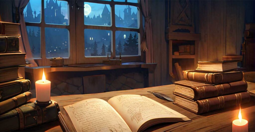 Bureau d’écriture médiéval-fantasy éclairé à la chandelle, manuscrits ouverts et livres anciens, illustrant les coulisses d’écriture de la saga ISEKAI : L’Héritier de l’Autre Monde.