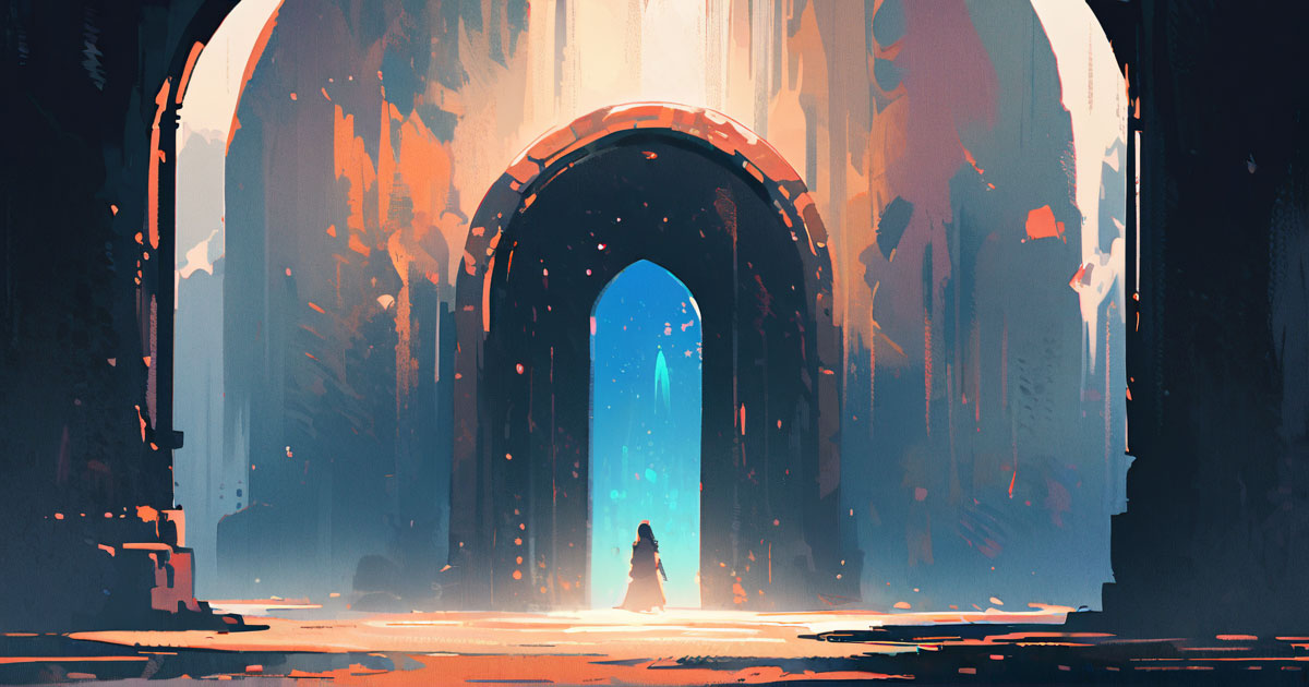 Luminous portal opening toward another fantasy world