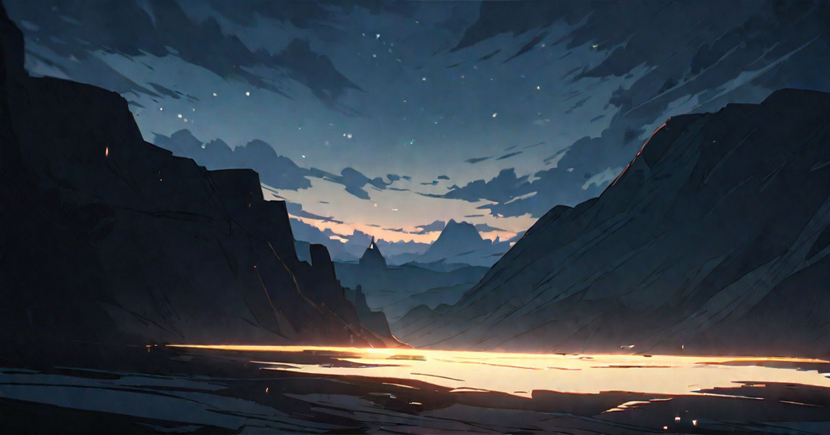 Ambient fantasy landscape depicting a valley illuminated by soft light, with no visible characters.