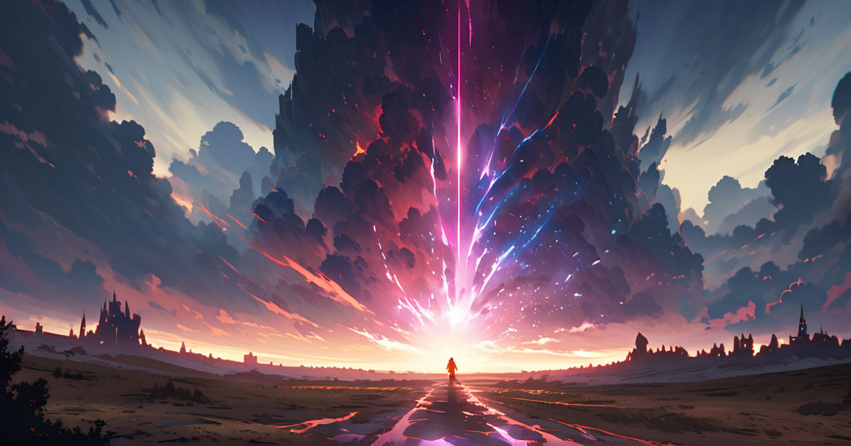 Concept illustration of the isekai universe of ISEKAI – The Otherworlder’s Heir, depicting a major magical event observed from afar by a lone human silhouette.