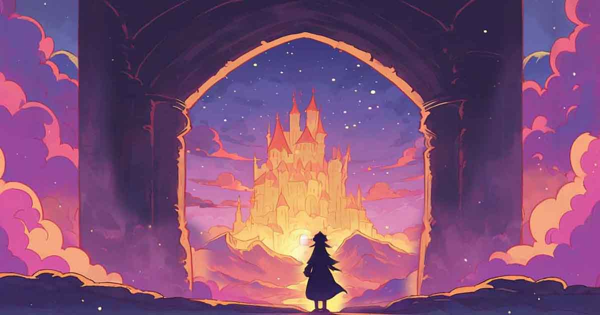 Un personnage se tient devant une arche de pierre, face à un château lumineux flottant au cœur d’un monde de fantasy isekai.