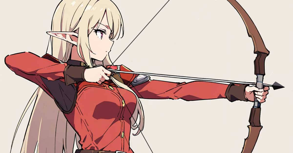 Illustration of a profile-view elf archer with a fully drawn bow and an arrow aligned, symbolizing precision and validation before publishing.