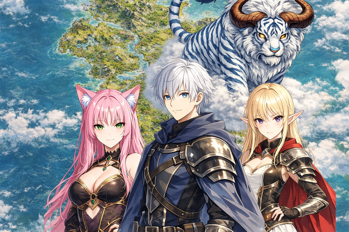 Illustration de l’univers d’ISEKAI montrant Arius et ses alliées devant une carte du monde, avec la manifestation du KETRA en arrière-plan