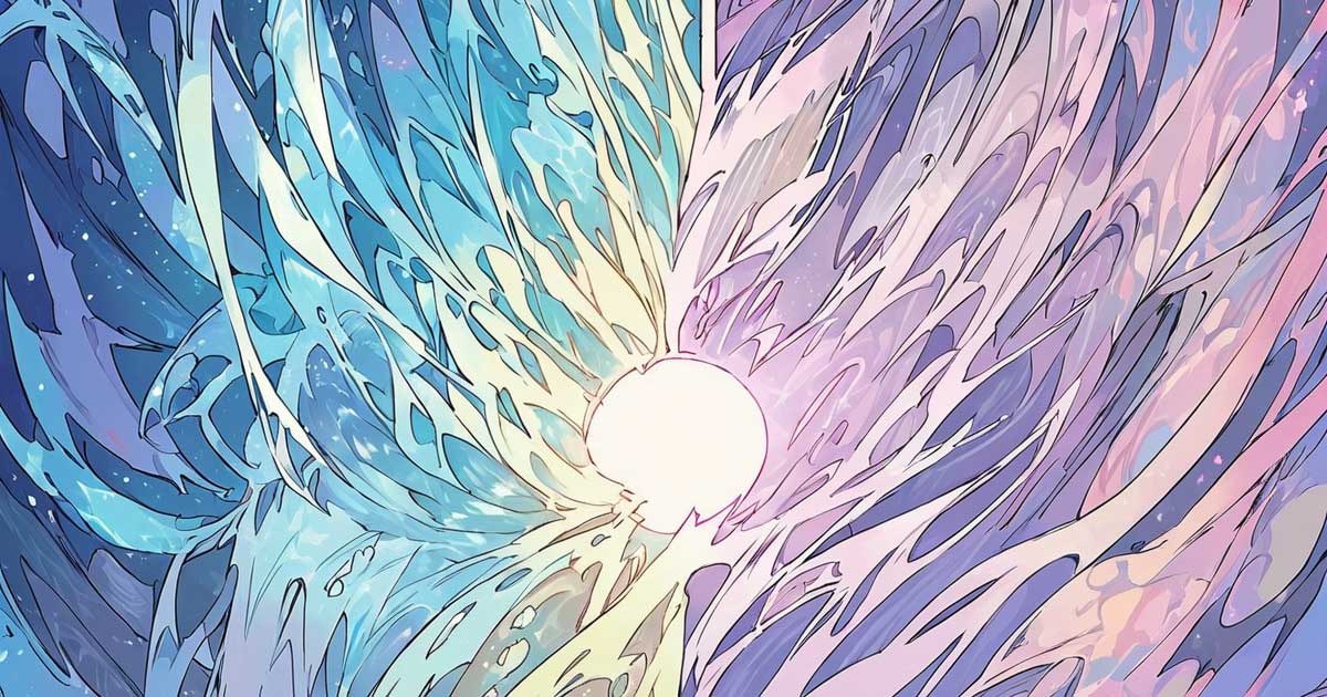 Illustration conceptuelle montrant deux flux magiques distincts — mana bleu diffus et éther violet plus cohésif — convergeant vers une sphère lumineuse centrale.