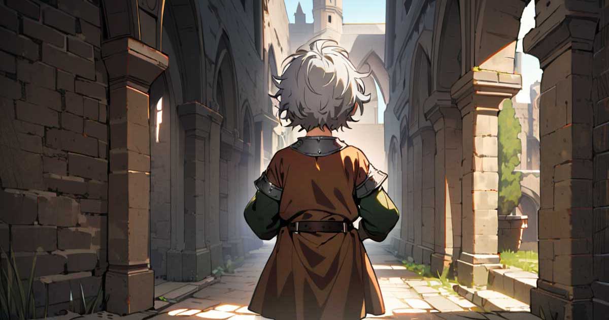 Jeune garçon de dos dans une ruelle médiévale, symbole d’un protagoniste en devenir et de sa progression narrative