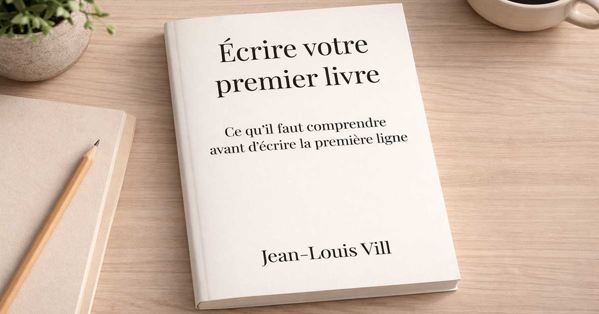 Mockup d’un livre blanc intitulé « Écrire votre premier livre » posé sur un bureau avec cahier et crayon : un guide sur les décisions à prendre avant d’écrire.
