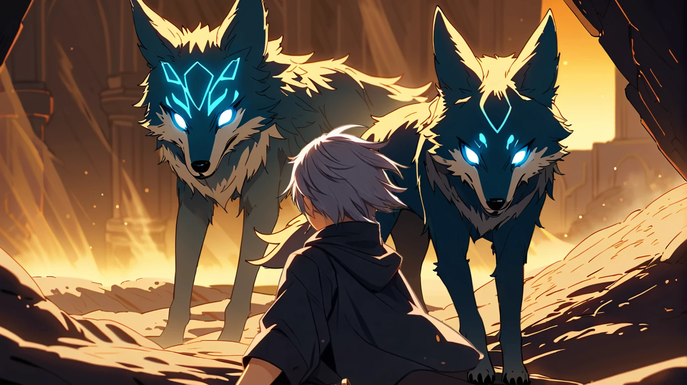 Un enfant fait face à deux loups aux yeux lumineux dans un labyrinthe souterrain, symbole d’une épreuve initiatique dans un univers de fantasy.