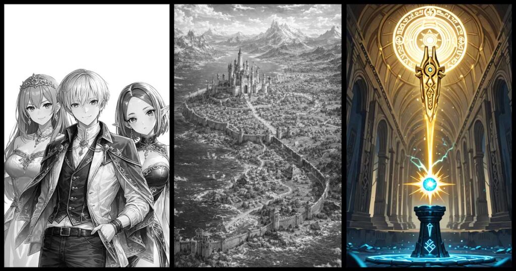 Conceptual triptych of ISEKAI’s visual universe.