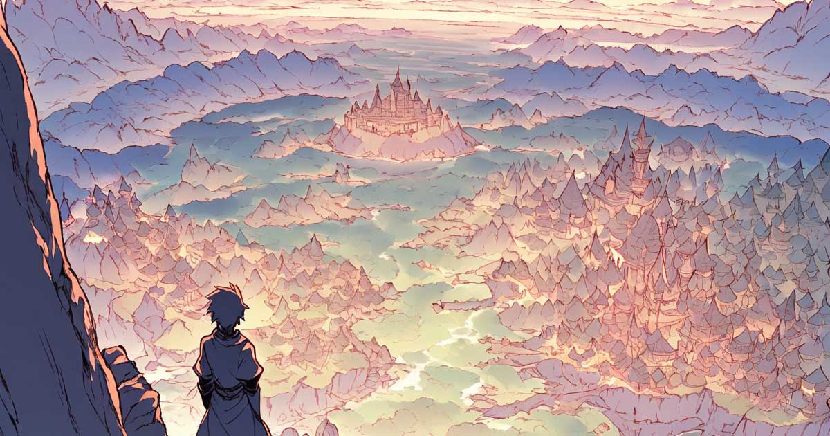 Deux silhouettes sur une falaise contemplent une vaste vallée fantasy et une cité lointaine, image de la progression du monde et du protagoniste dans les light novels.