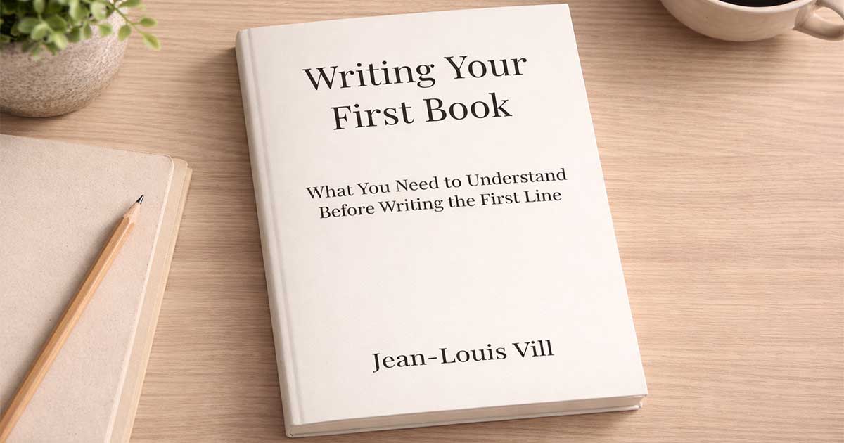 Mockup of a minimalist white book cover titled “Writing Your First Book” on a desk with a notebook and pencil—guidance on decisions before writing.