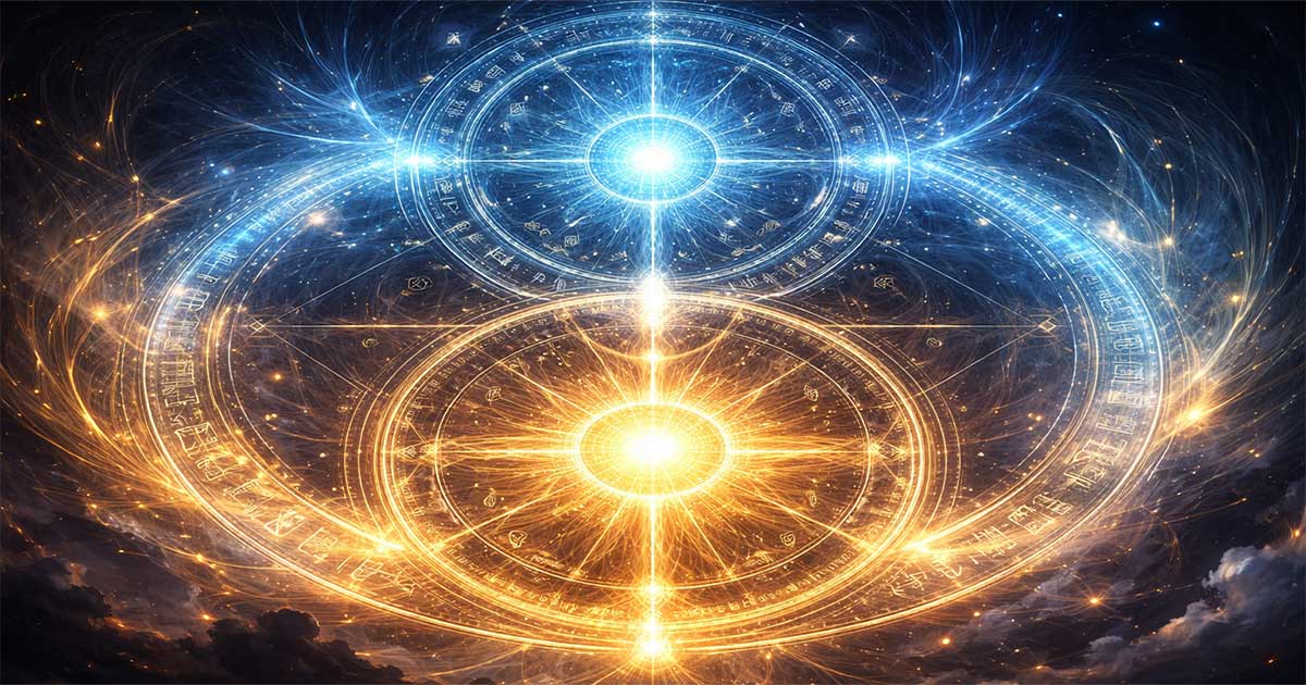 Deux cercles magiques bleu et or représentant le système mana et éther dans un univers de light novel isekai fantasy.