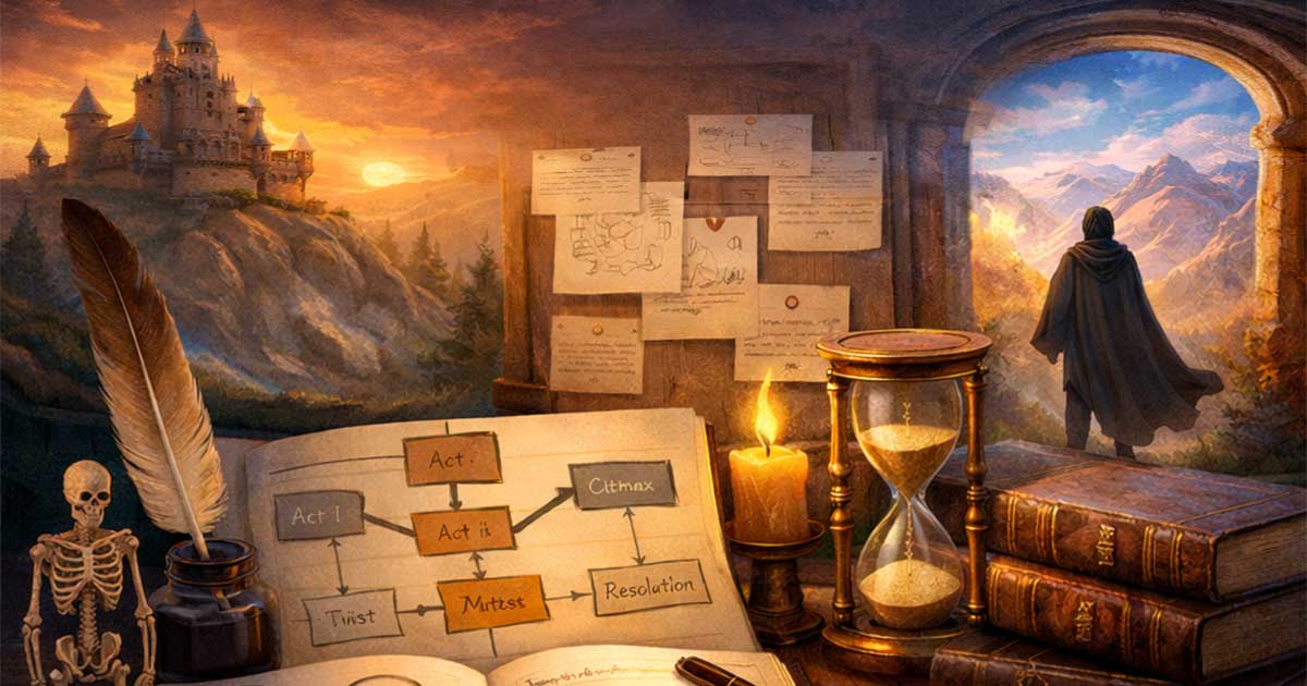 Author’s desk: an open notebook with a story-structure flowchart (acts, climax), quill, hourglass, and books, with a sunset castle and a glowing portal in the background—symbolizing a narrative skeleton before prose.