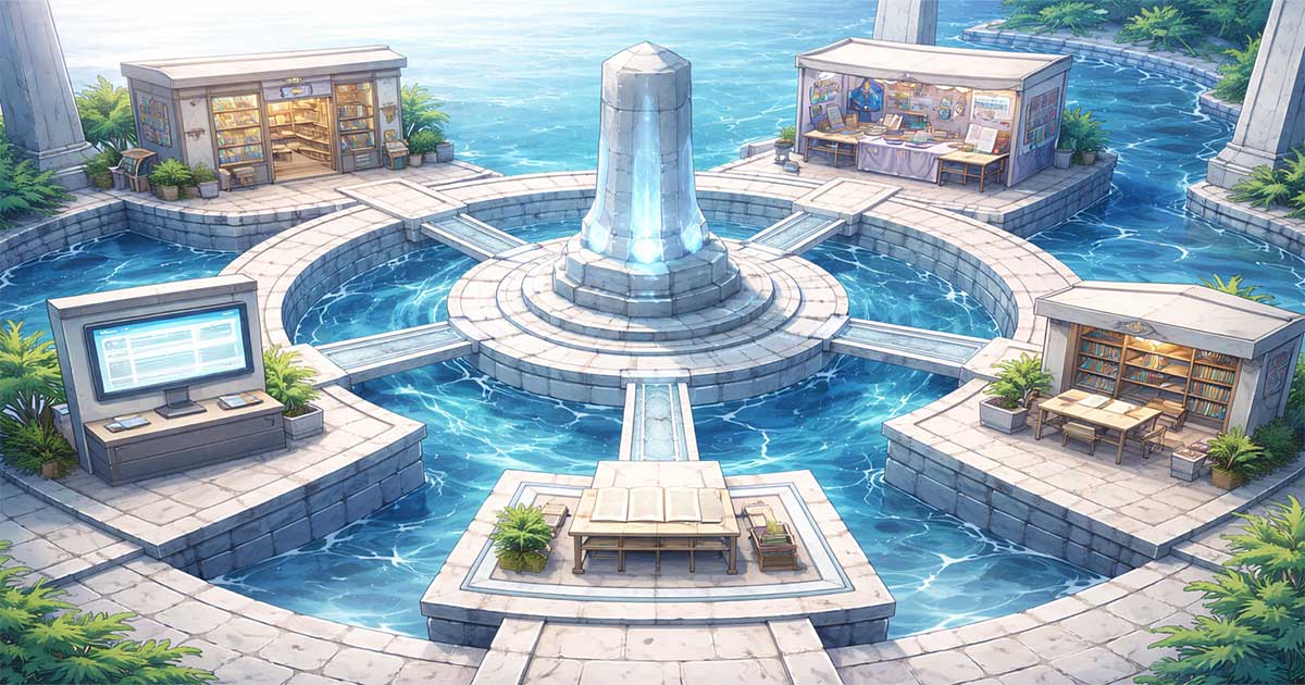 Un pilier central relie plusieurs points de diffusion — librairie, stand, espace de lecture et borne web — symbolisant un site d’auteur comme centre de gravité éditorial.